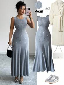SHEIN Elenzya Women's New Gray Elastic Knit Round Neck Sleeveless Waist Cinched A-Line Fish Tail Hem Fitted Maxi Dress With Handcrafted Pearl Detail, Elegant Casual Versatile Everyday Wear, Minimalist Commute Fashion, Autumn/Winter - Grey - View 6