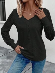 EMERY ROSE Women's Contrast Lace V-Neck Long Sleeve Casual Fashion T-Shirt - Black - View 3