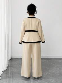 Elenzga Conjunto de 2 piezas de chaqueta y pantalones de manga larga de contraste de color elegante, versátil y de alta gama para mujeres de talla grande - Caqui - Ver 2