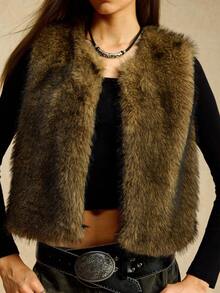 Easelle 前开式时尚人造毛皮背心 - 棕色 - 查看 7