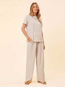 Coeurva Casual Women 2 Pieces Set: Round Neck Ribbed Top & Pocket Design Pants Western Wear Women Workout Sets Women Vacation Two Pieces Set Airport Outfit For Women Airport Outfit Summer Outfits For Women Women Summer Clothes Summer Two Pieces Set Summer Sets - Green - View 3