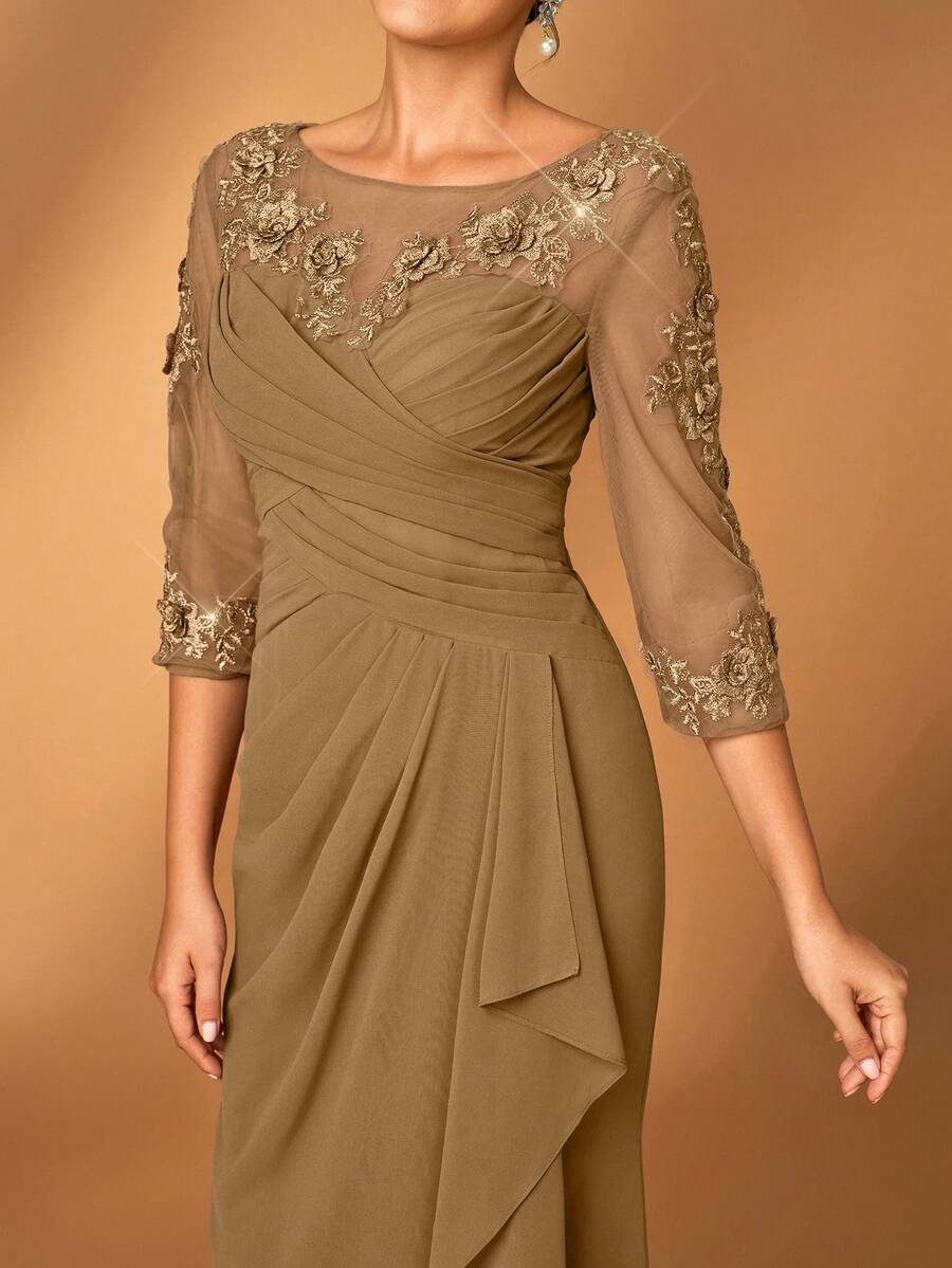 Serin 女士优雅雪纺面料圆领薄纱长袖褶皱亮片贴花装饰迷你鱼尾裙，适合新娘母亲婚礼、正式活动、音乐节、派对、情人节等场合。 - 駝色 - 查看 1