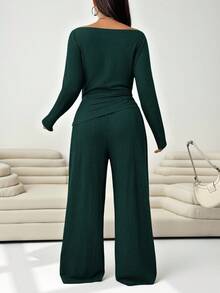 Solflare 2 pezzi/Set Verde oliva Taglia grande Maglietta a girocollo a maniche lunghe e Pantaloni Set per Donna