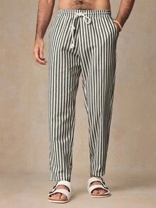 HIMLAND Men Casual Woven Vertical Striped Mid-Waist Drawstring Tapered Pants, Fall
