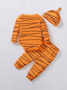 SHEIN Playful Pals 3件套新生儿木乃伊服装套装 - 连体衣、裤子、帽子，适合圣诞节、派对、生日、拍照、日常穿着，春夏秋冬皆宜。卡通婴儿服装，木乃伊宝宝套装，橙色套装，男宝宝