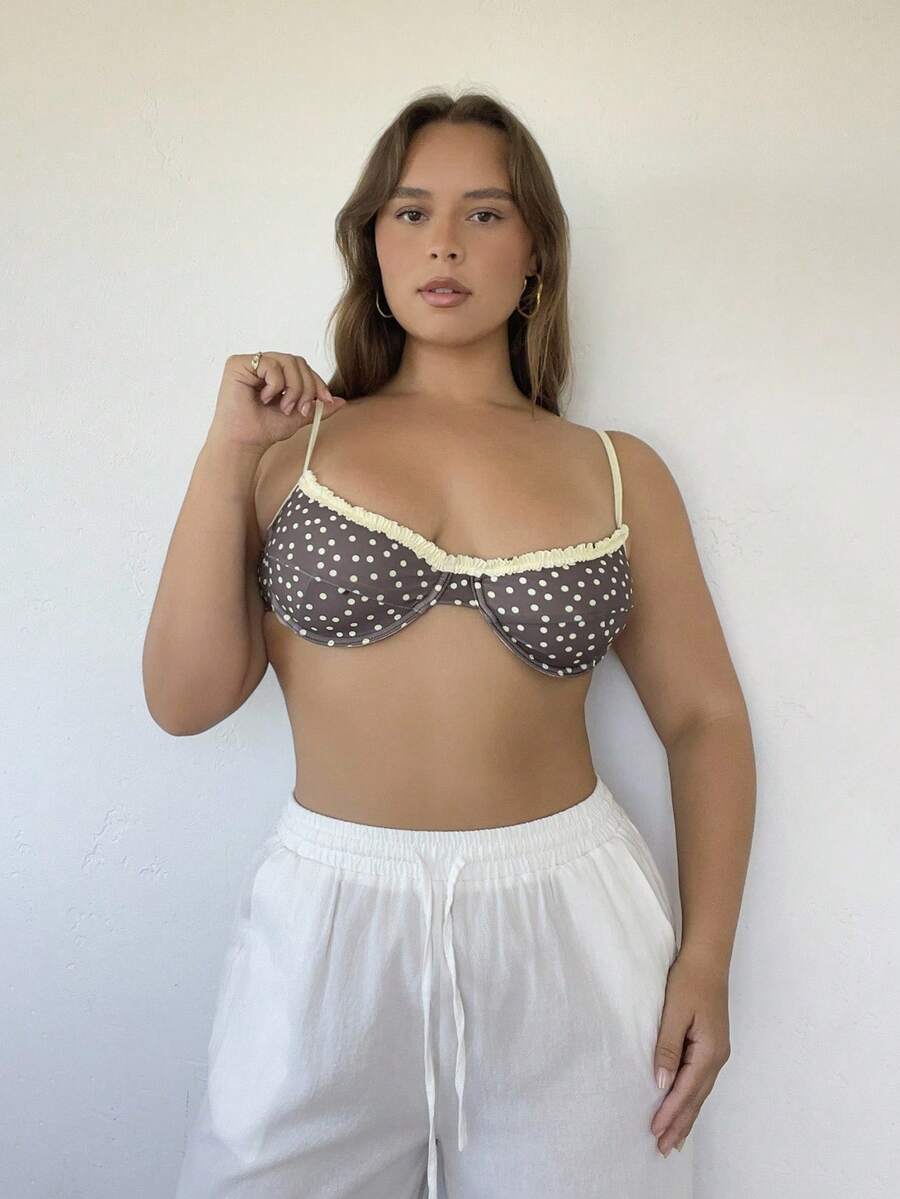 Nezia Cruz Contrast Frill Trim Dainty Polka Dot Micro Cup Bikini Top Sexy Fun Spring Summer Beach Gorgeous Graphic - Multicolor - View 1