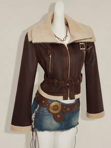 SHEIN ICON 女式仿皮毛内衬复古做旧棕色翻领皮夹克，秋冬款 - 棕色 - 查看 4