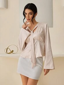 Lyxana 女士基本款长袖衬衫，优雅通勤、办公室和休闲穿着 - 杏色 - 查看 1