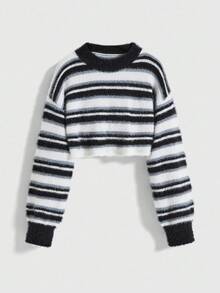 ROMWE Maglione corto in velluto di finta pelliccia di visone a righe, autunno/inverno 2025, top morbido a maglia a vita alta che scopre la vita, per donne alla moda - Bianco - Visualizzare 1