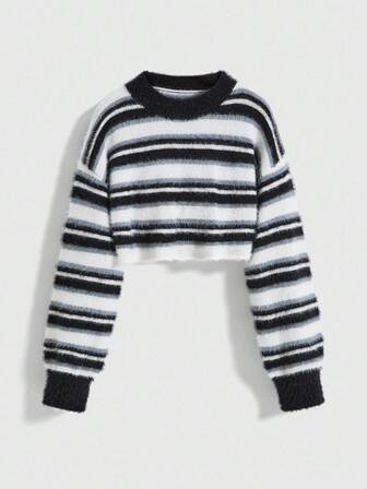 2025 Herbst/Winter Faux Mink Samt gestreifter Kurz-Pullover, hochgeschnittenes Midriff-freies weiches Strick-Top für Frauen