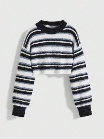 Pull court rayé en velours faux-vison, automne/hiver 2025. Top tricoté doux à taille haute dévoilant le ventre, pour femmes à la mode