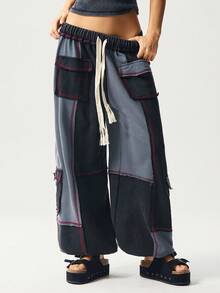 Bohemela Pantalones de chándal holgados de mujer con cordón y parches de punto - Negro - Ver 2