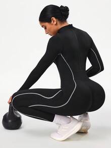Seamluxe SHEIN Sport 1 件吸湿排汗无缝连体裤，基本款，黑白，适合运动、健身、瑜伽 - 黑色 - 查看 5