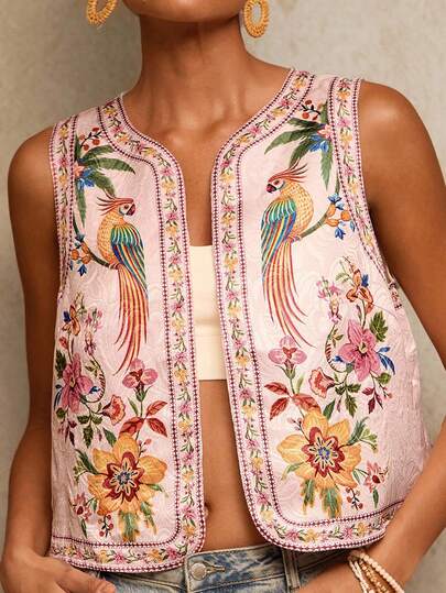 Travachic Women's Floral & Parrot Embroidered Open Front Lightweight Vest Jacket, Boho Vest, Floral Vest, Casual Woman Style , Going Out, Elegant, Country Style For Women, Casual , Elegant Vest Jacket