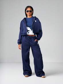 Missguided x Playboy 阔腿运动裤羊毛裤冬季秋季家居服慢跑裤高腰舒适休闲泡泡袖印花标志设计直筒裤 - 藏蓝色 - 查看 3
