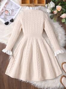 SHEIN 少女拼色抽绳荷叶边腰短款优雅针织毛衣裙，适合秋冬季，返校季，干净女孩，通勤优雅连衣裙