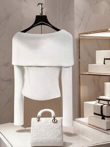 Elenzga Women's Elegant Christmas & New Year White Daily Open Shoulder Solid Color Shawl Collar Off Shoulder Long Sleeve Metal Rhinestone Decor Ruched Fitted Short Plus Size Knit Sweater - White - View 2