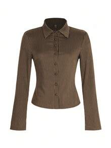 SHEIN PETITE 优雅灰色条纹翻领衬衫，修身款，休闲美式女式衬衫 - 鏽棕色 - 查看 5