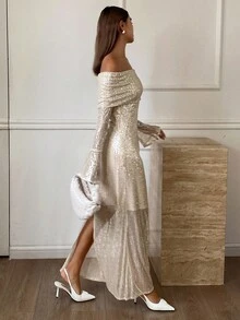 DAZY 女士纯色露肩喇叭袖亮片修身优雅连衣裙 舞会礼服 新年女士服装 嘉年华闪亮连衣裙 - 杏色 - 查看 3