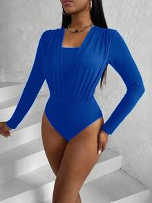Zolique Women's Spring And Summer Pleated Chest 2 In 1 Long Sleeve Fashion Bodysuit Blue Royal Blue - Blue - View 4