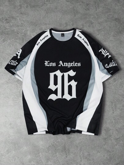 Sport MetroGents Camiseta Masculina Casual de Gola Careca de Manga Curta com Remendo LA, Moda e Versátil para o Verão