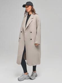 Menodora SHEIN Sport 女式休闲缺口领双排扣羊毛混纺大衣，秋冬 - 米色 - 查看 4