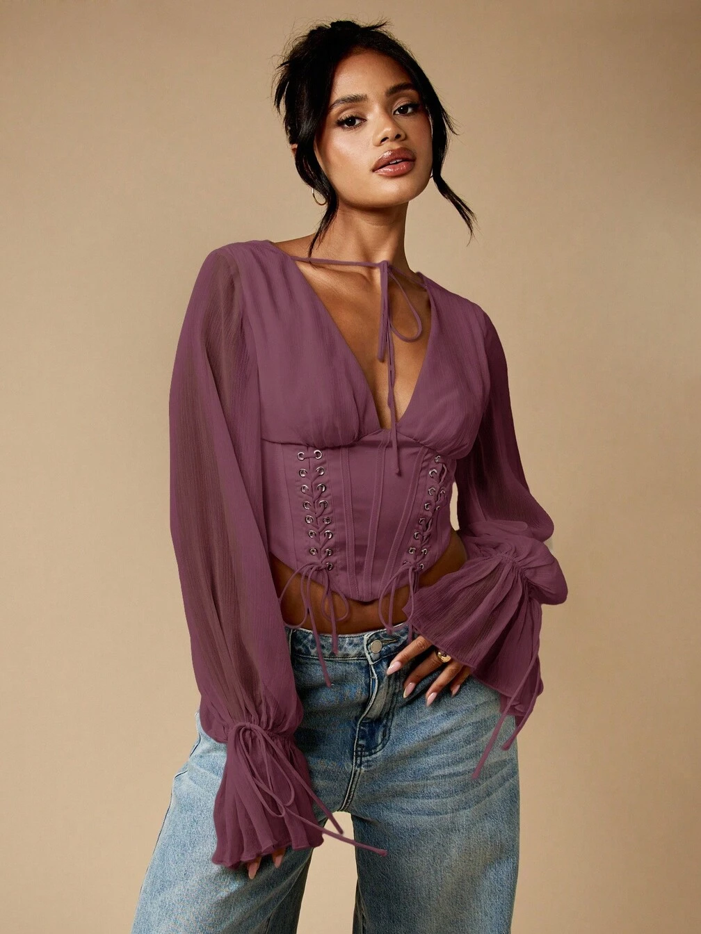 MISSGUIDED Corset Top With Balloon Sleeve Chiffon Blouse Christmas