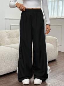 SHEIN Tall 女款黑色侧面撞色白色带子松紧腰裤 - 黑色 - 查看 4