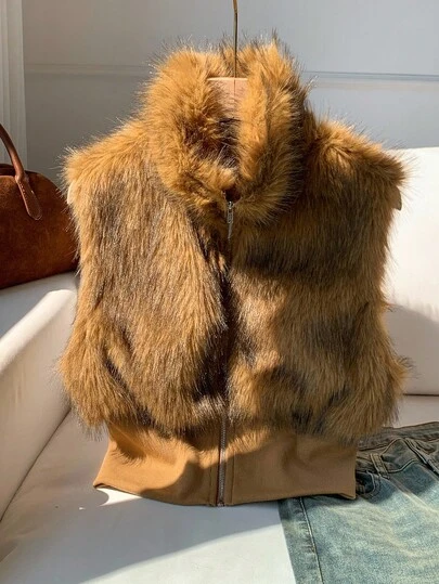 Comfortcana 女士秋冬时尚复古无袖仿皮草夹克