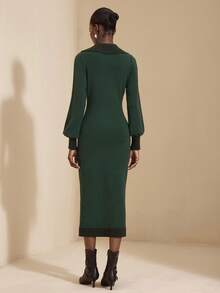 JIAN LASALA 翻领纽扣灯笼长袖优雅毛衣中长连衣裙 女士秋冬装 女士中长连衣裙 带袖中长连衣裙 绿色优雅连衣裙 女士绿色中长连衣裙 绿色连衣裙 奢华时尚服装系列 - 綠色 - 查看 2