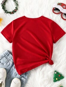Merry Christmas Baby Girl Fashionable Cartoon Cute Reindeer & Snowflake Print Neck Warmer, Versatile & Comfortable Crew Neck Red Short Sleeve T-Shirt Suitable For Christmas Party Baby Girl Red N White T Shirts Red Toddler Shirt Girl Toddler Graphic Tees Cute Toddler Tops