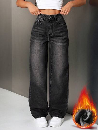 SHEIN Tall Women's Streetwear Thermal Lined Loose Fit Jeans With Pockets