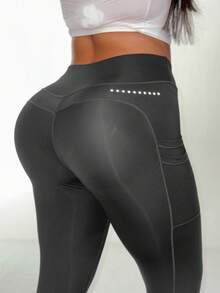 Rhythm Era Plus Size High Waist Compression Leggings With Pockets, Reflective Dots, Butt Lifting Booty Lifting Pants Yoga Pants High Waist Compression Workout Tights - Black - View 6