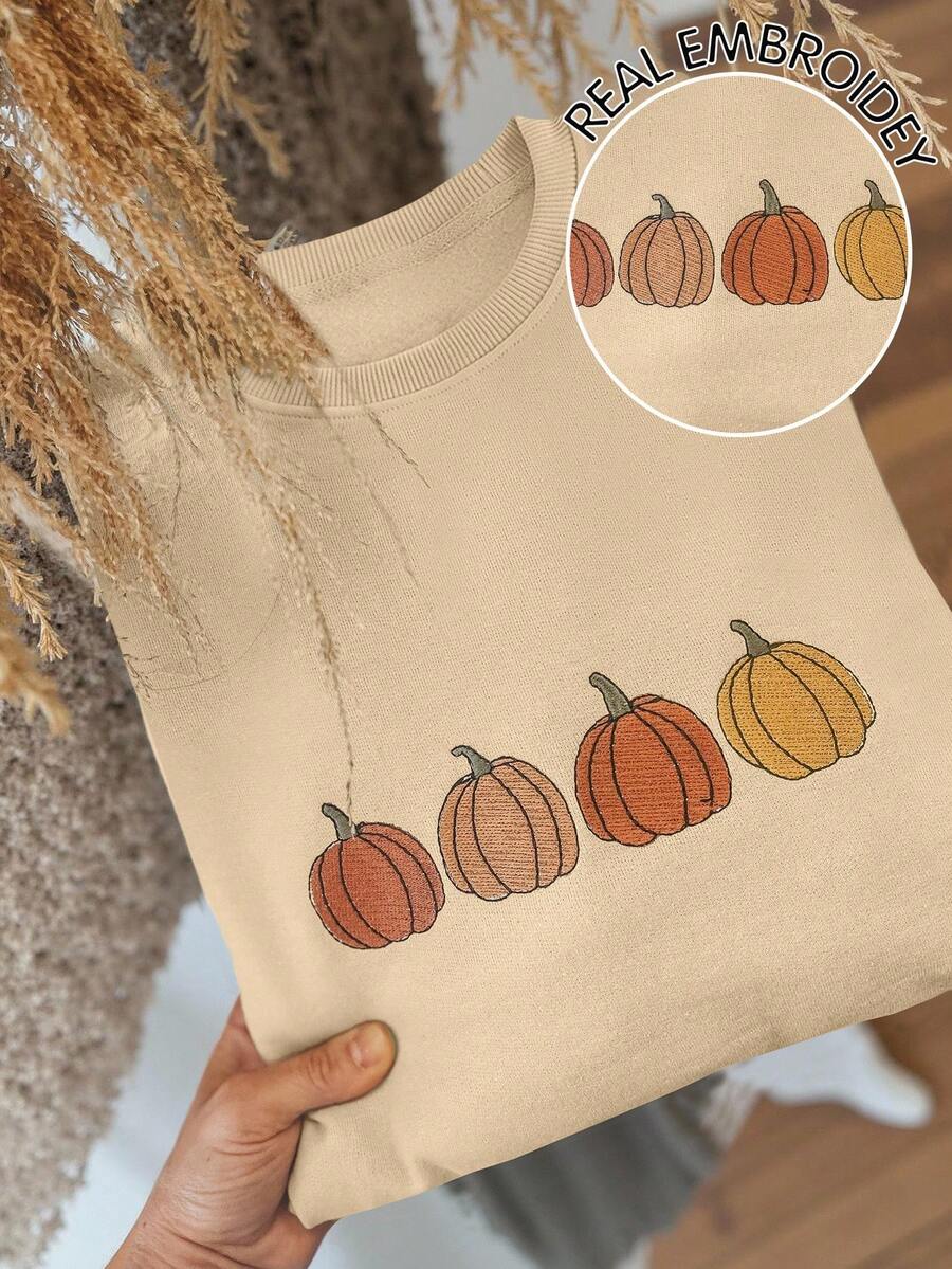 INAWLY 女式南瓜图案长袖圆领运动衫 - 杏色 - 查看 1