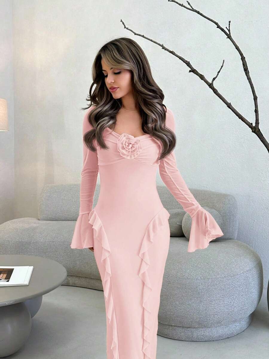 Jemour 优雅花朵点缀长袖粉色连衣裙，秋季服装，适合休闲约会、活动和派对 - 粉色 - 查看 1