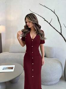 Jemour 勃艮第红女士纯色 V 领短袖单排扣长款优雅针织毛衣连衣裙 - 酒紅色 - 查看 5