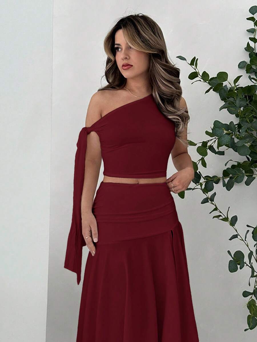 Jemour 女士纯白色不对称领带吊带背心上衣 + 不对称下摆高开叉褶皱下摆裙子毕业礼服 - 酒紅色 - 查看 1