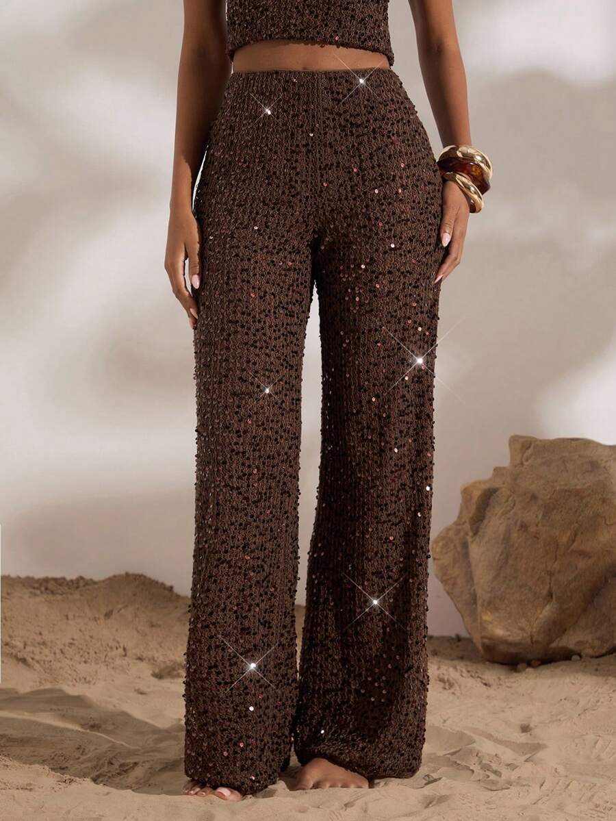 Opulessa Quần ống rộng màu nâu trơn sequin đơn giản, giản dị dành cho nữ mùa đông thu cổ điển, quần đi chơi, trang nhã, gợi cảm cho đêm tiệc dành cho phụ nữ, dành cho phụ nữ Giáng sinh, khách dự tiệc sang trọng, phong cách năm mới theo phong cách Boho, tiệc sang trọng, buổi tối sang trọng dành cho phụ nữ - màu nâu - Xem 1