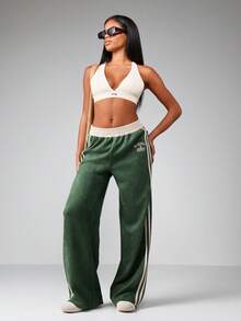 Missguided x Playboy 宽腿天鹅绒运动裤复古风格休闲服经典 1953 印花侧条纹运动裤复古风冬季秋季慢跑裤 - 綠色 - 查看 3