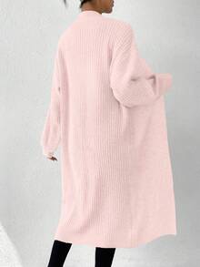SHEIN LUNE Women's V-Neck Ribbed Lantern Sleeve Wool Blend Cardigan, Pink - Pink - View 2