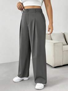 SHEIN PETITE CURVE 秋冬大码纯色纽扣休闲阔腿裤 - 灰色 - 查看 3