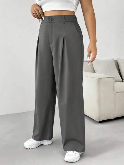 SHEIN PETITE CURVE 秋冬大码纯色纽扣休闲阔腿裤