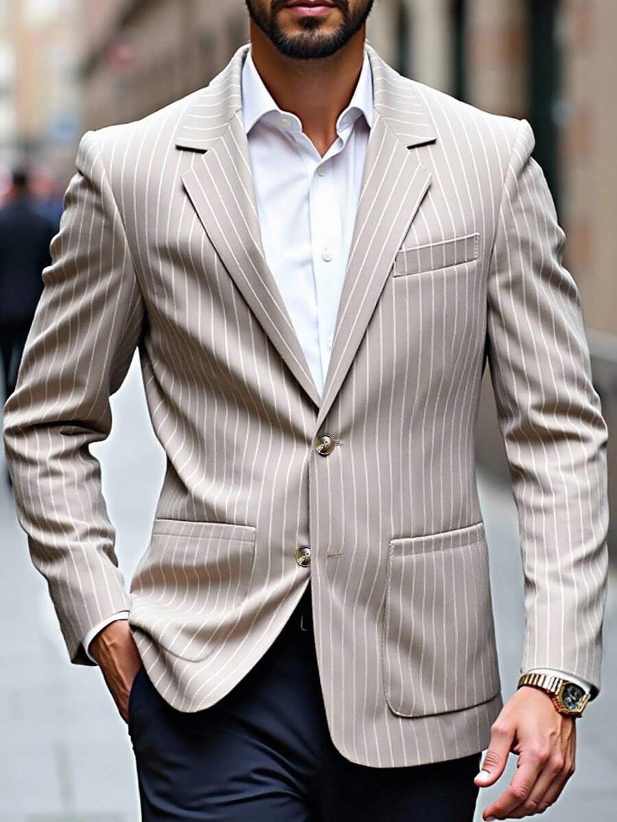 Calvornis Men's Business/Casual Striped Notch Lapel Single Breasted Suit Jacket - Khaki - View 1