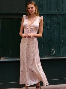 lacRébo 浪漫花卉中长连衣裙，蕾丝贴花和镂空秋季女装秋冬 - 彩色 - 查看 1