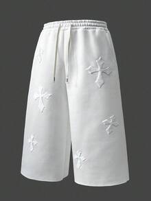 Manfinity Roghcode Men's Street-Style Popular INS Matching Cross Embroidered Towel, Outdoor Music Festival, Nightclub Bar, Boyfriend/Husband Gift, Anniversary Gift, Cropped White Sweatpants