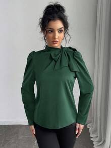 Rafferiza Áo cánh tay bồng cổ thắt nơ thanh lịch đa năng màu trơn dành cho nữ - màu xanh lá - Xem 6