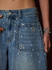 Easelle 复古游牧风低腰水钻弧形女式牛仔裤 宽松牛仔裤 Y2K牛仔牛仔裤 女式牛仔裤 筒腿牛仔裤 女士西部牛仔裤 - 藍色 - 查看 1