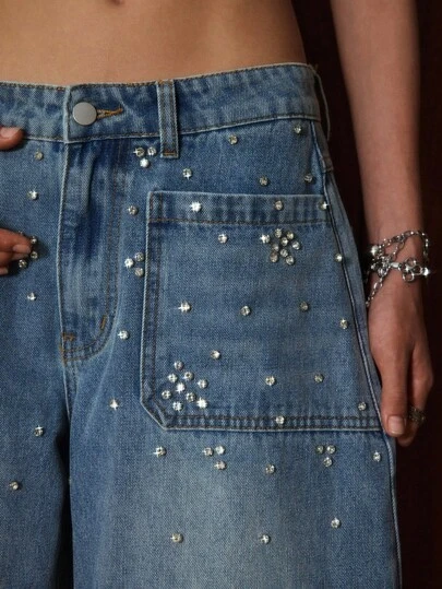 Easelle Vintage Nomadic Party Low-Waist Rhinestone Curved Women's Jeans Baggy Jeans Y2k Cowgirl Jeans Cowboy Pants For Women Barrel Leg Jeans Woman Western Jeans