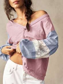 Bohemela Áo thun dài tay họa tiết ren rộng rãi, thoải mái dành cho nữ cỡ lớn - Hồng - Xem 6
