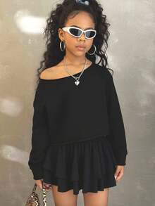 Coolane Sweatshirt Pendek Kasual Model Bahu Terbuka untuk Anak Perempuan, Atasan Lengan Panjang, Pakaian Musim Gugur dan Musim Dingin untuk Anak Perempuan - Hitam - View 3